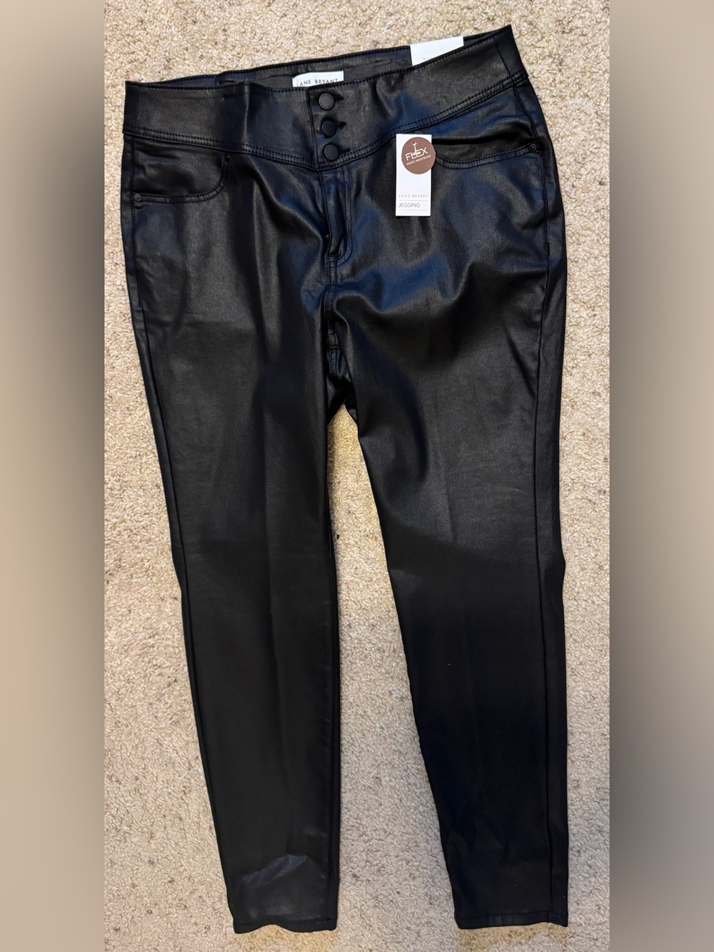 Lane Bryant Black Coated Skinny Pants with Button Front
